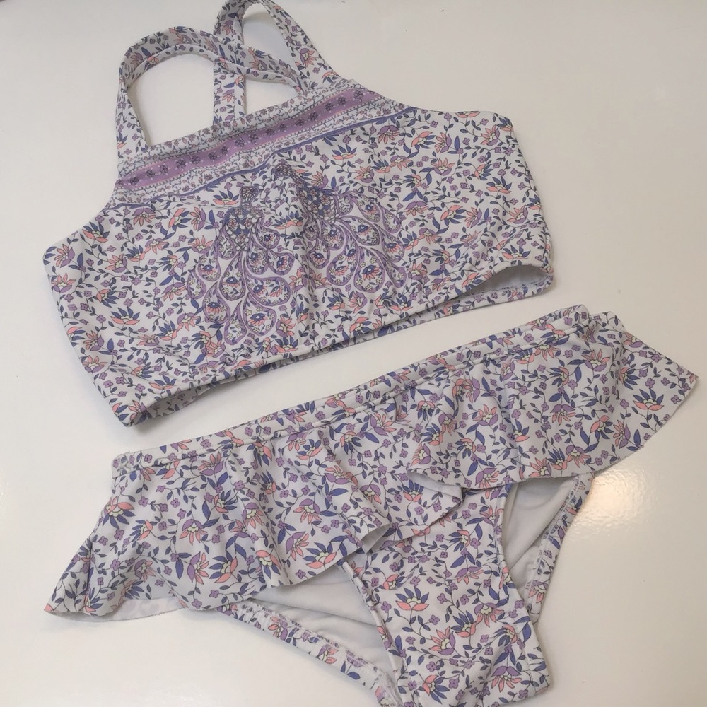 Seafolly Girl’s Peacock Paisley Ruffle Bikini Sz C7/8 EUC!